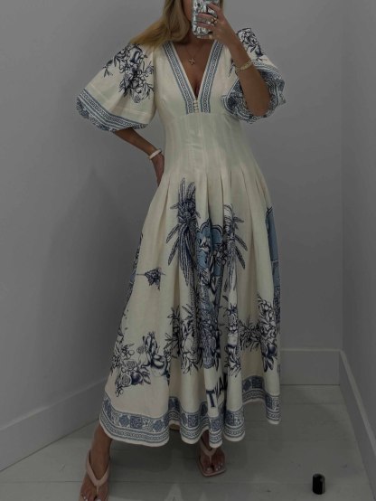 Elegant V-Neck Puff Sleeve Toile Print Midi Dress