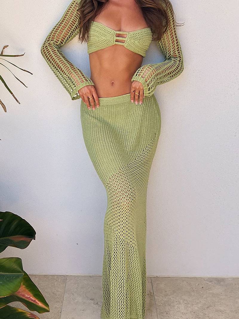 Knitted Long-sleeved Top Hip-hugging Long Skirt  Suit