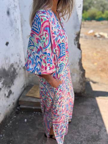 Printed V-neck Pullover Long-sleeved Loose Dress