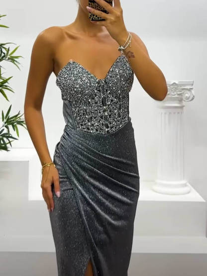 Sequined Side Slit Off-The-Shoulder Dress