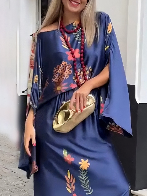 Exquisite Floral-Print Satin Long-Sleeved Top