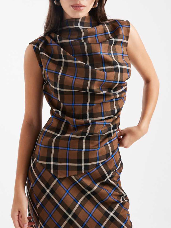 Casual Plaid Pleated Top And Wide-Leg Pants Set