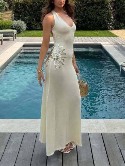 Sequined V-neck Backless Knit Maxi Dress
