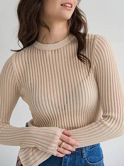 See-through Slim-fit Crewneck Long-Sleeved Thin Sweater