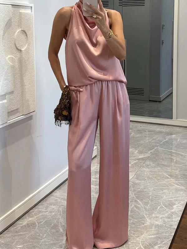 Elegant Halter Neck Swing Collar Top And Wide Leg Pants Suit-Pants