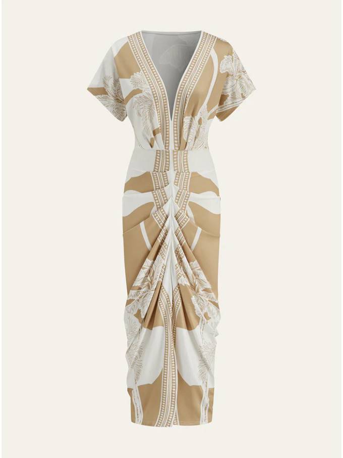 Distinctive Printed V-Neck Midi Dress