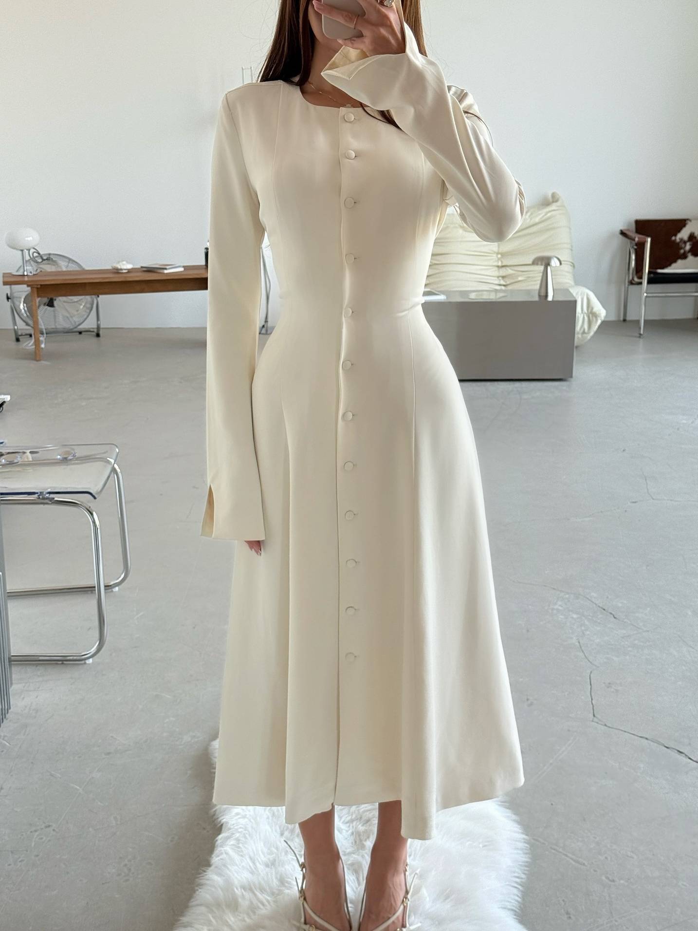 Slim-Fit High-Waist Lace-Up A- Line Midi Dress