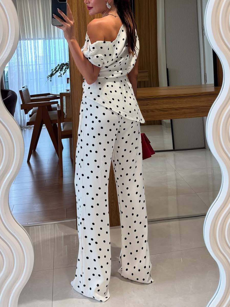 Vintage Polka Dot Off-Shoulder Top And Wide Leg Pants Suit-Top