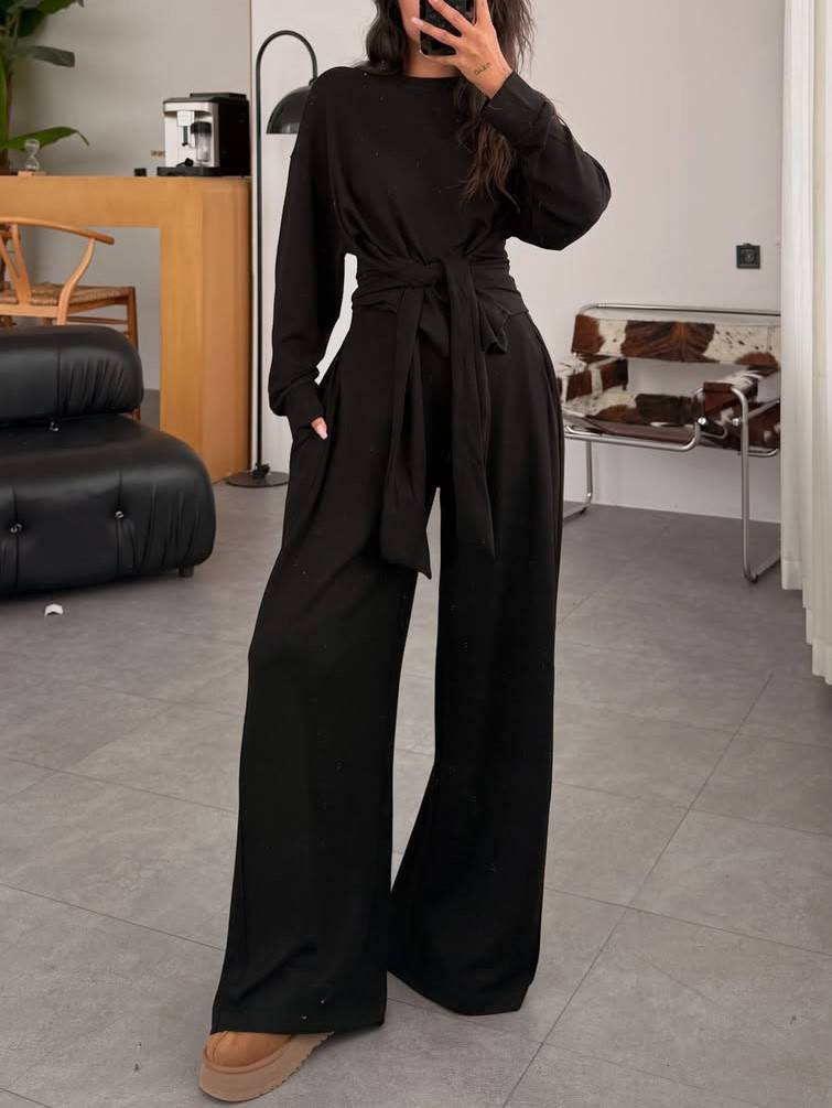 Lace-Up Design Pullover And Wide Leg Pants Suit