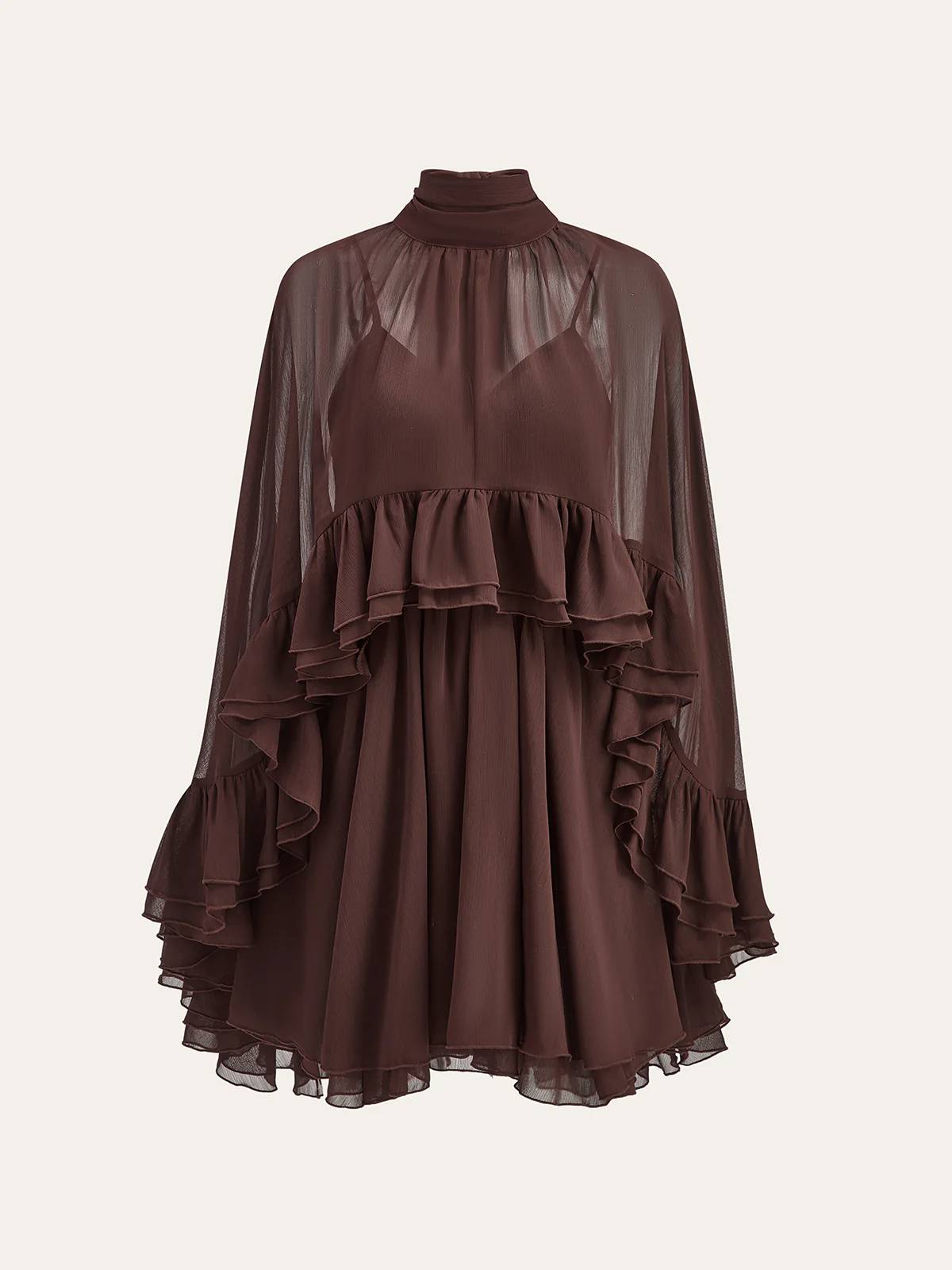 Semi-Sheer Chiffon Ruffle Cape And Mini Dress Suit