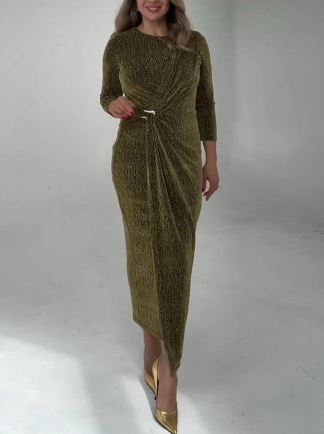 Shiny Pleated Slim-fit Midi Dress