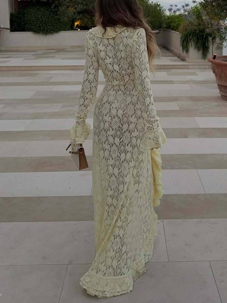 Ruffled Lace Front Slit Maxi Dress