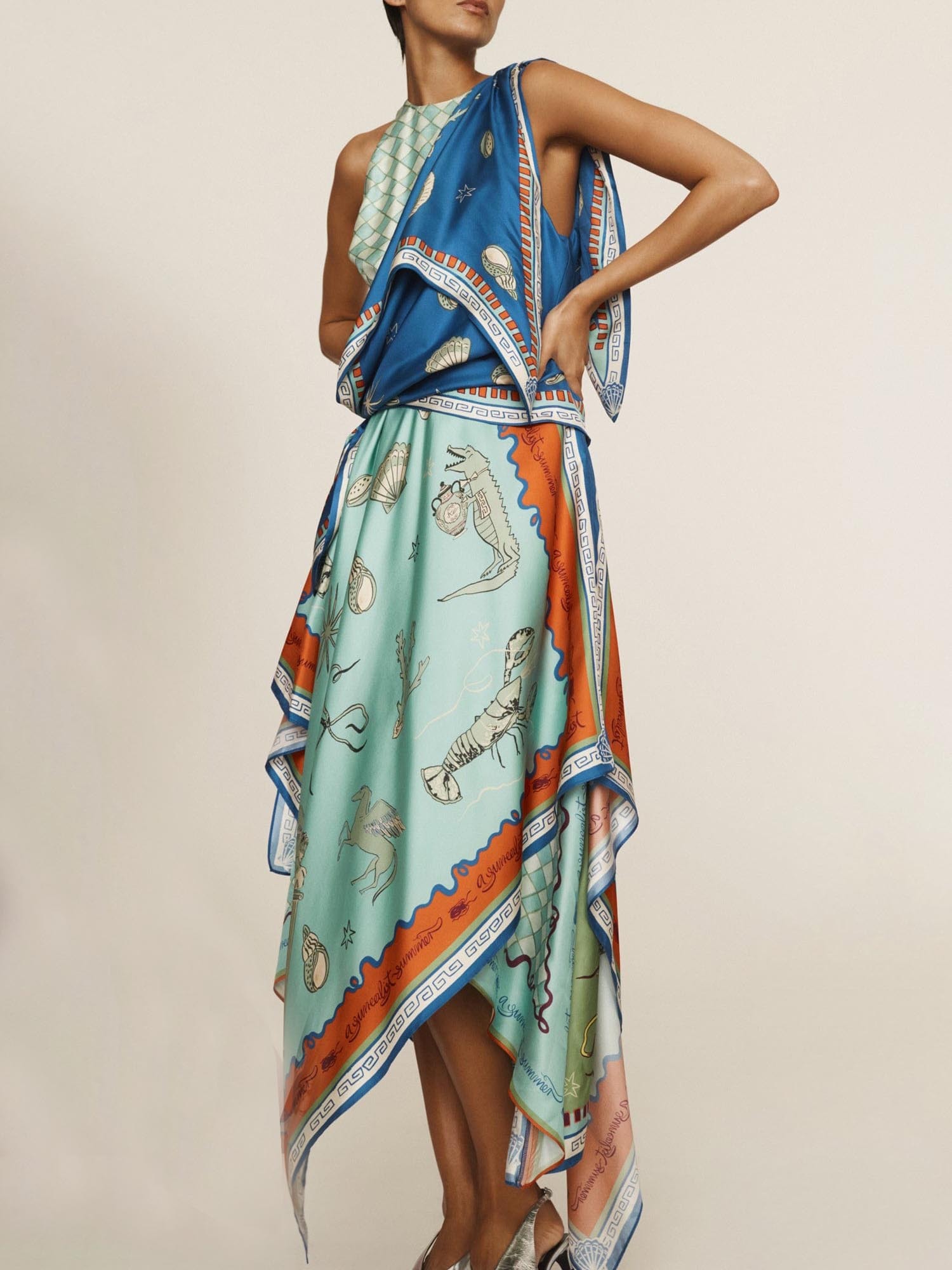 Unique Exquisite Satin Deep Sea Print Scarf Midi Dress