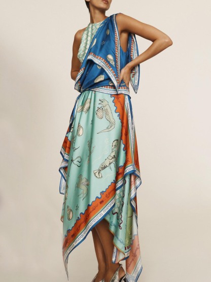 Unique Exquisite Satin Deep Sea Print Scarf Midi Dress