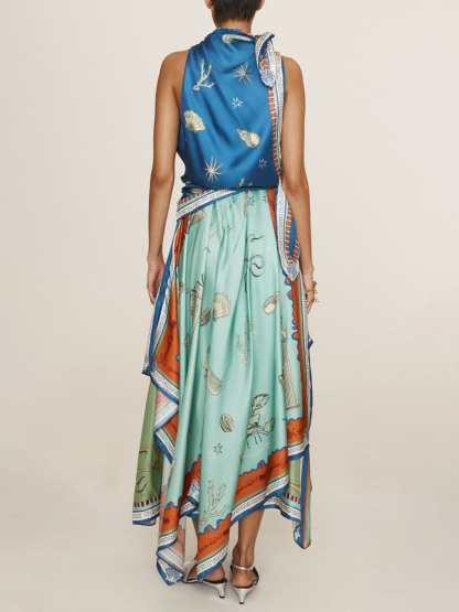 Unique Exquisite Satin Deep Sea Print Scarf Midi Dress