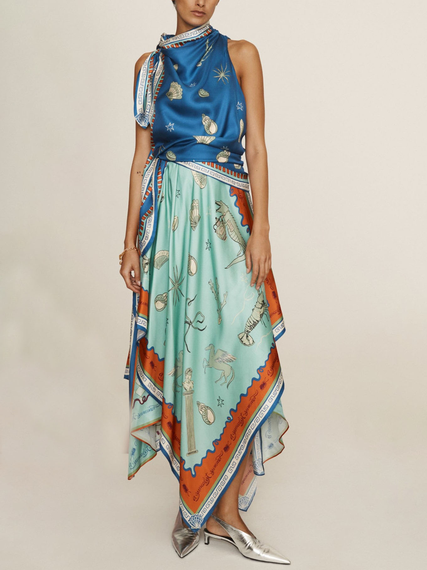 Unique Exquisite Satin Deep Sea Print Scarf Midi Dress