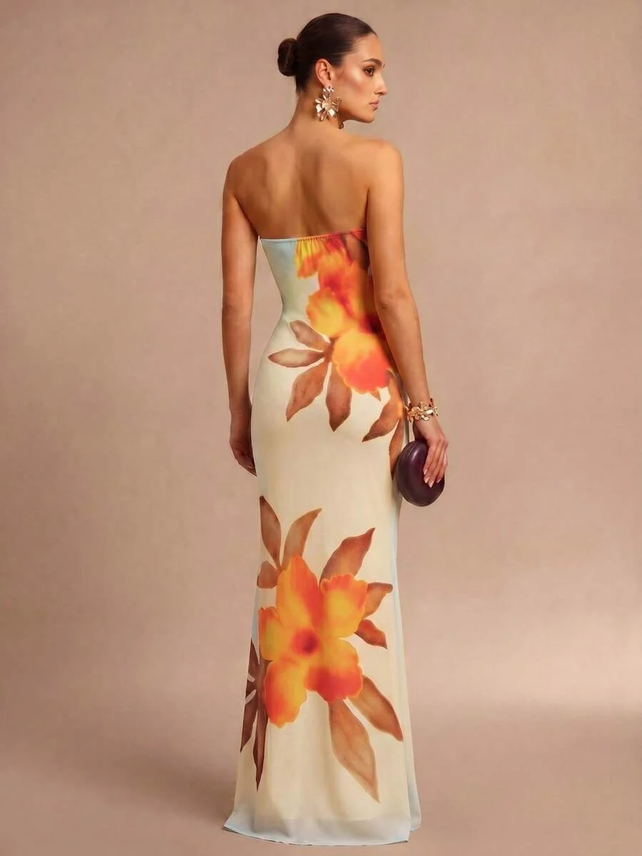 Strapless Floral Print Slim Fit Tube Column Maxi Dress