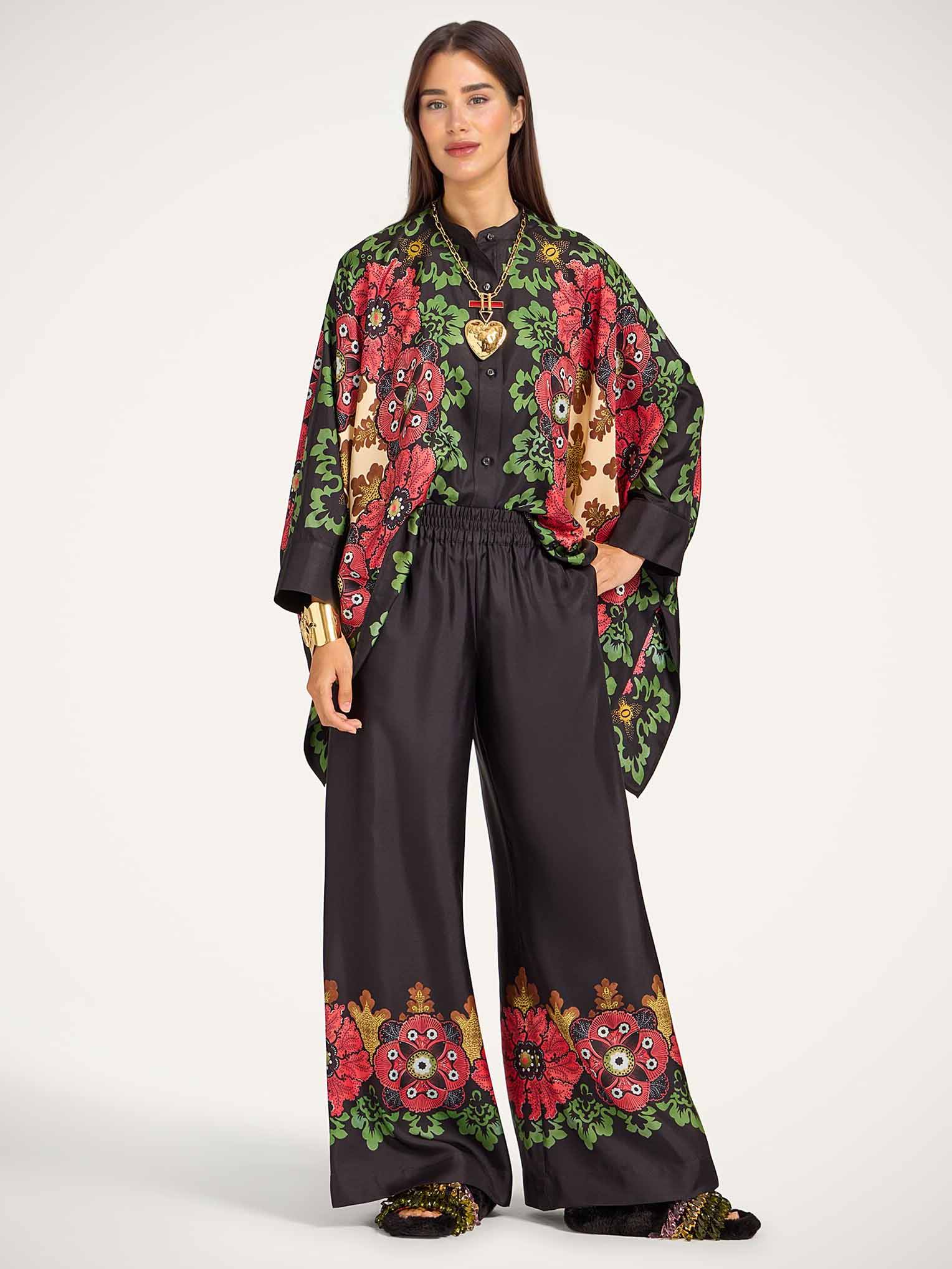 Exquisite Satin Floral Print Kimono Shirt Two-Piece Set