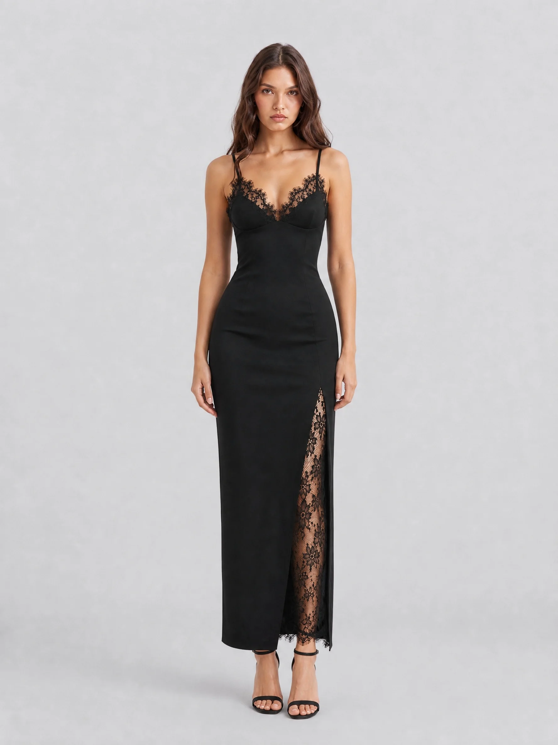 Black Lace Trim Cami Maxi Dress with Slit Detail