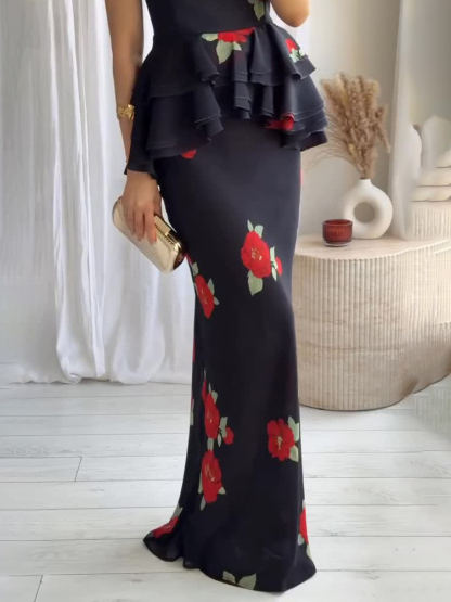 Romantic Floral Print Long Skirt