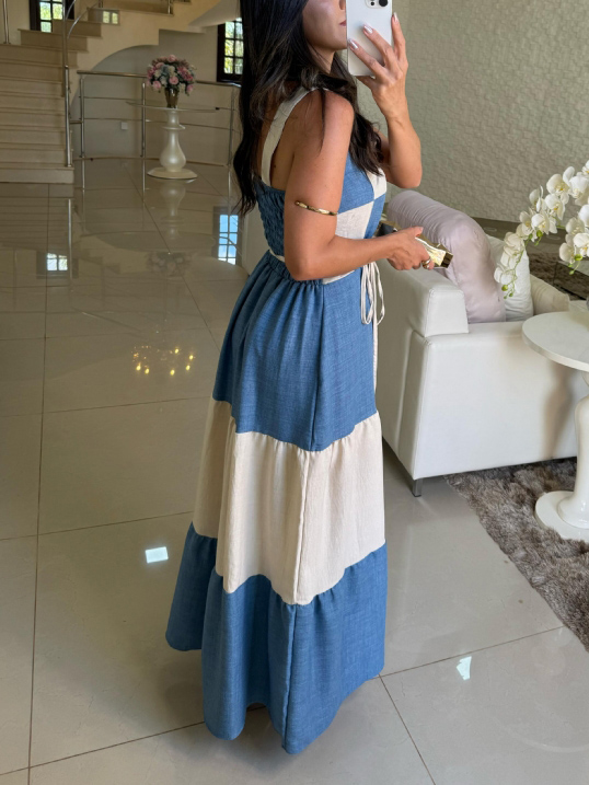 Casual Contrast Panel Square Neck Maxi Dress