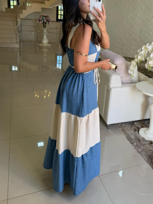 Casual Contrast Panel Square Neck Maxi Dress