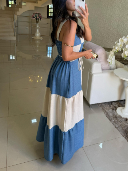 Casual Contrast Panel Square Neck Maxi Dress