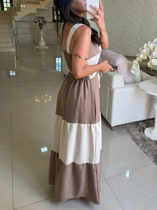 Casual Contrast Panel Square Neck Maxi Dress