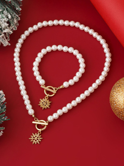 Christmas Snowflake Pearl Holiday Gift Necklace Set