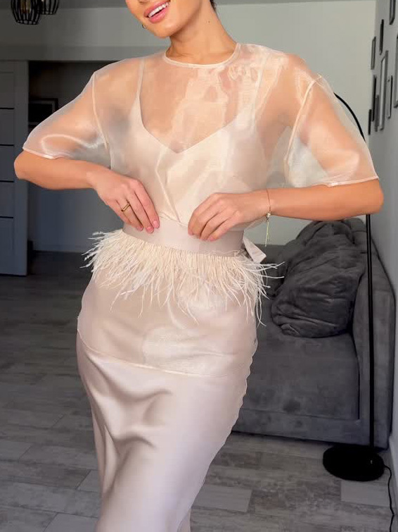 Elegant Organza Feather-trimmed Belted Top