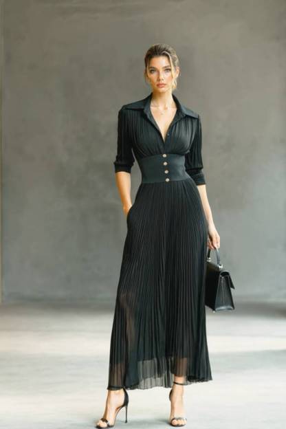V-Neck Pleated High-Waist Dress