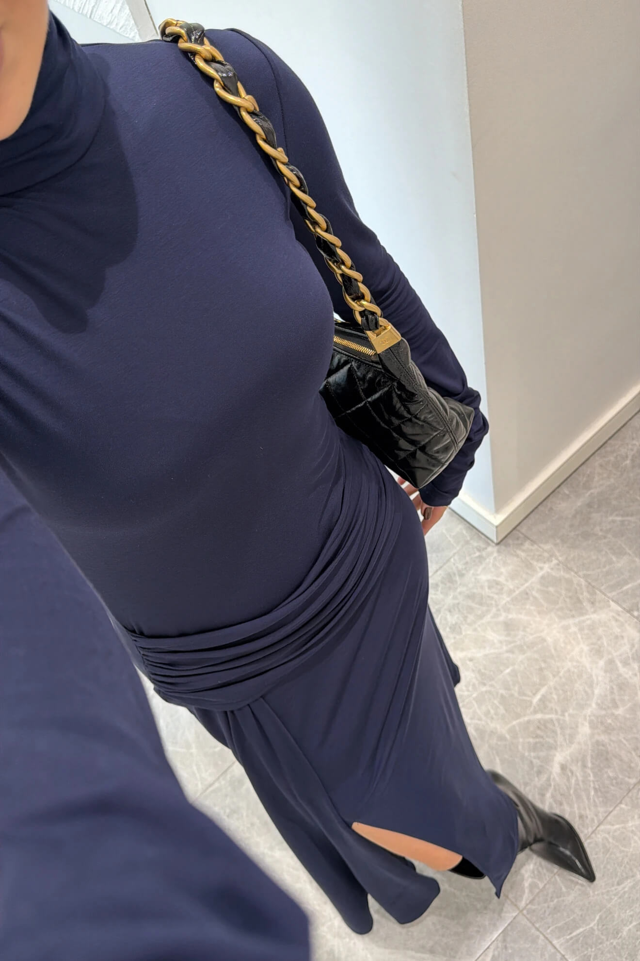 Elegant Black Ruched Waist Slit Maxi Dress