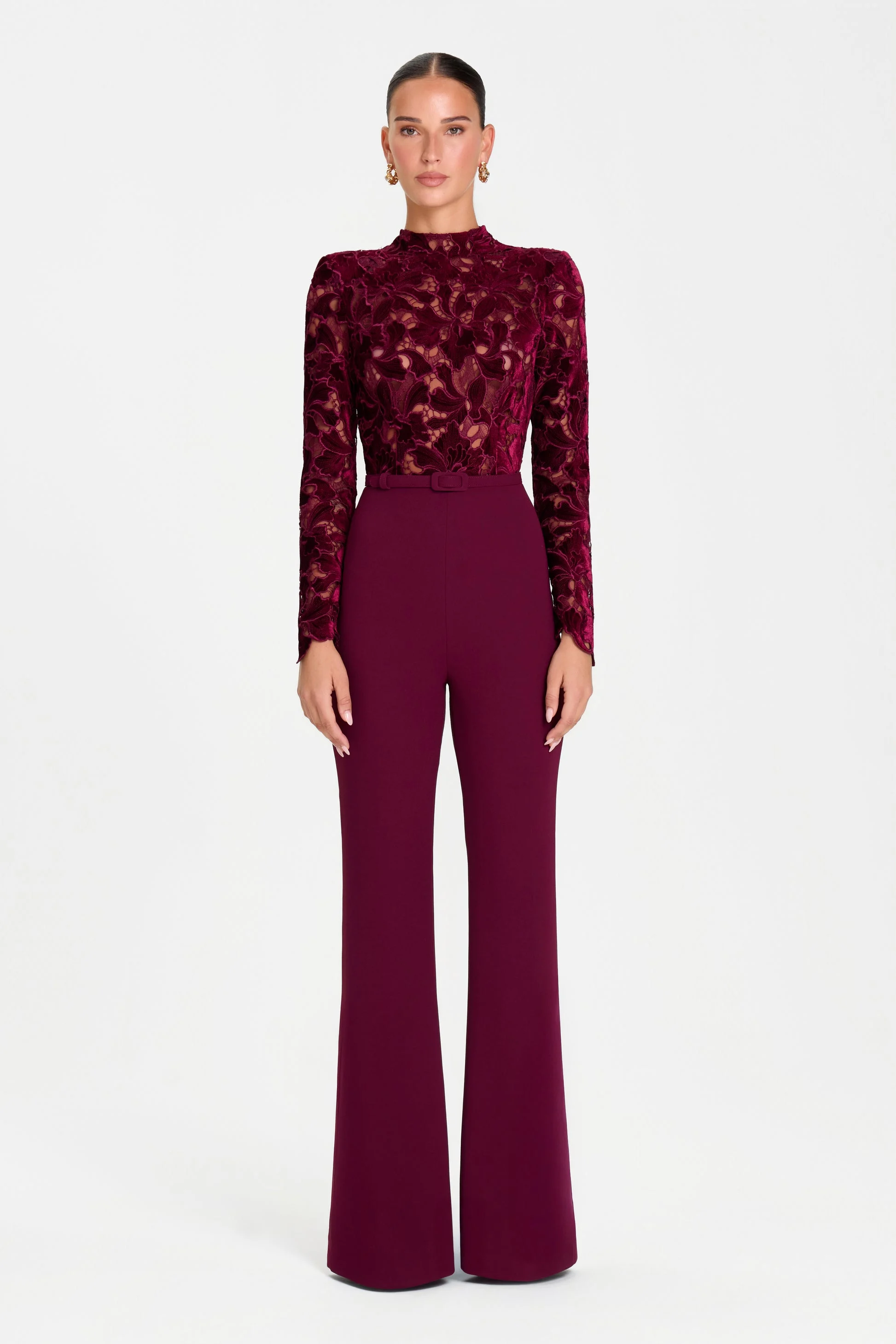 Burgundy Lace Mock Neck Long Sleeve Belted Flared Leg Jumpsuit