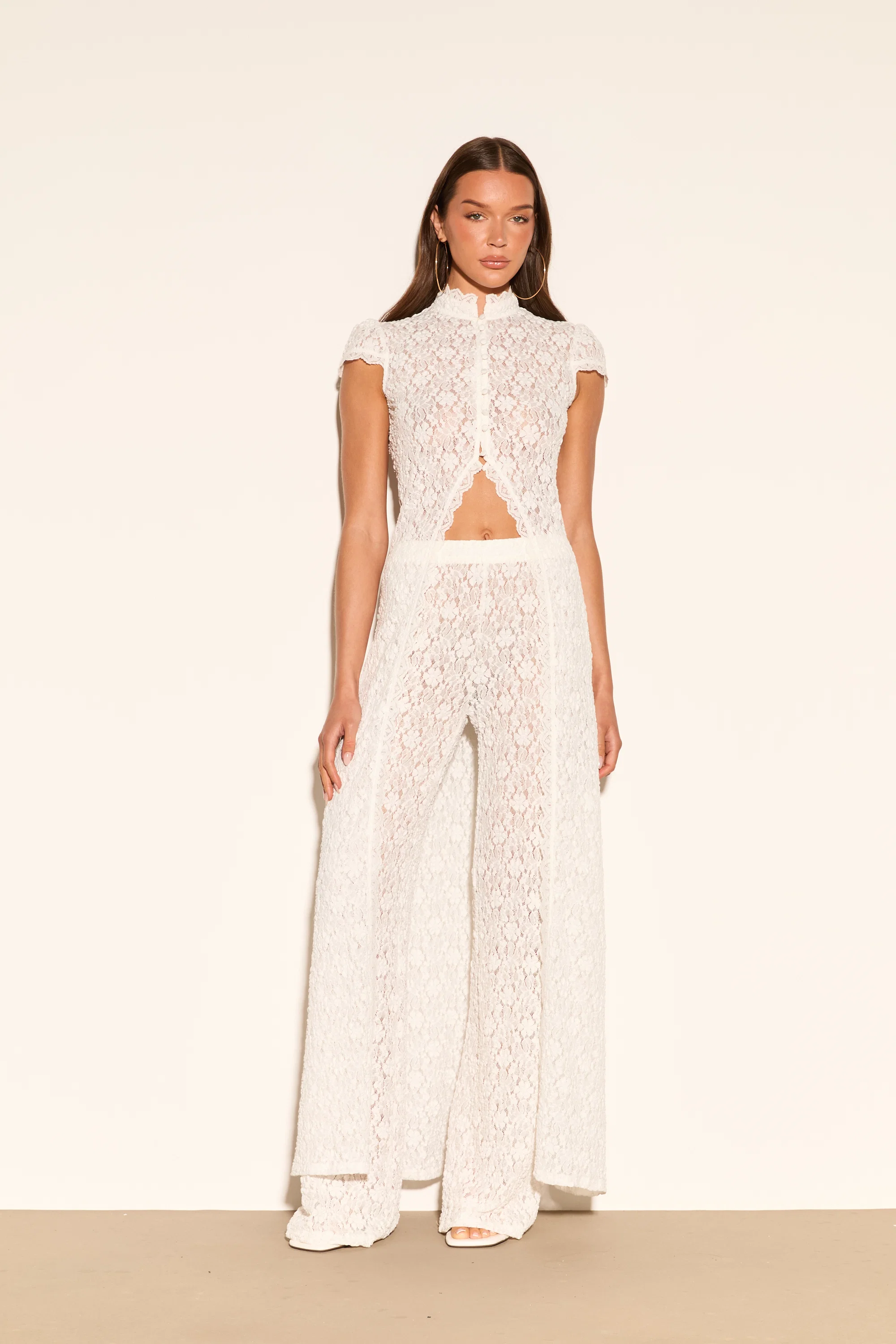 Ivory Lace Cut-Out Two-Piece Set – High-Neck Cap Sleeve Top