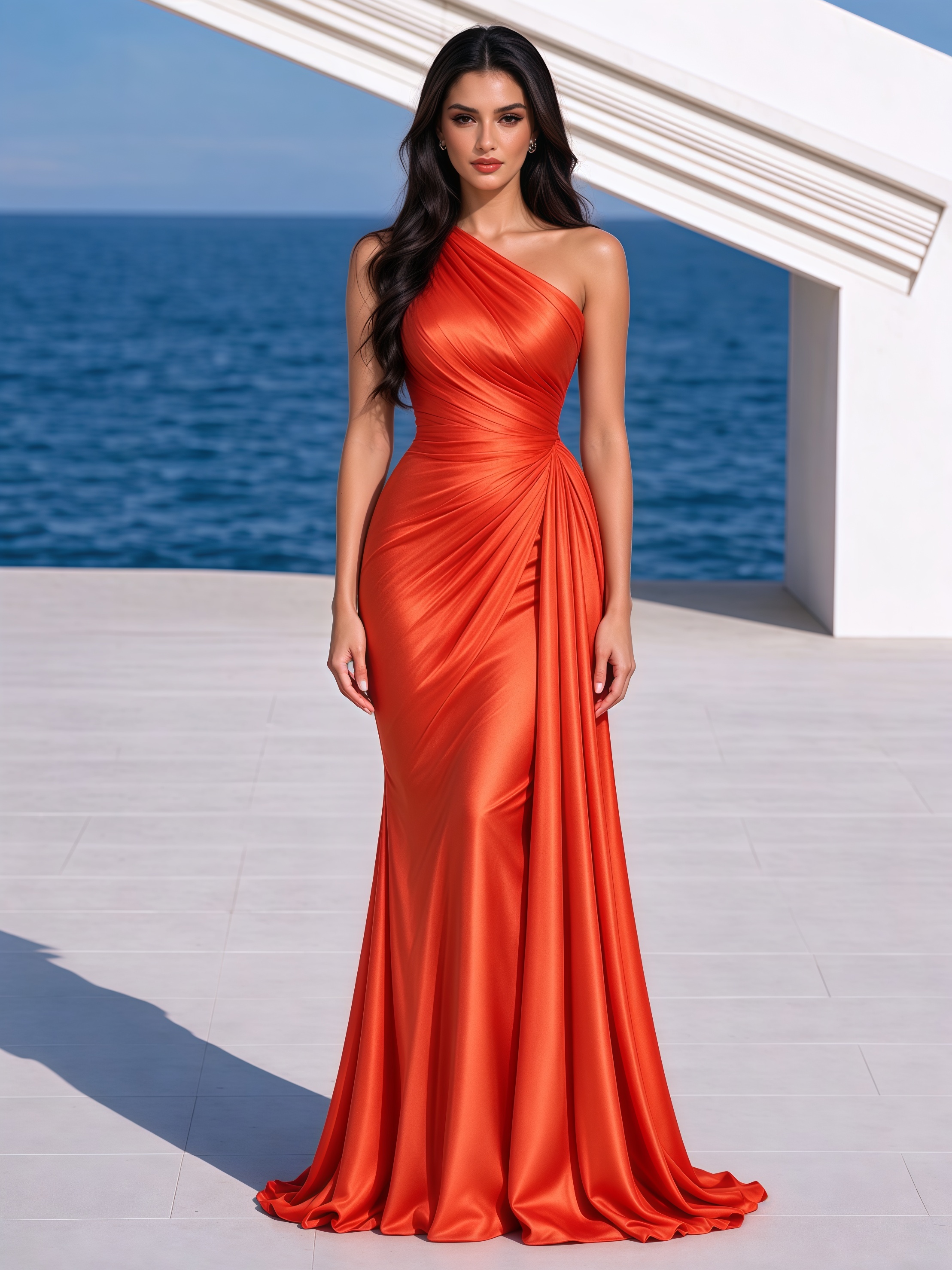 Emerald Green One Shoulder Ruched Satin Maxi Dress Elegant Evening Gown