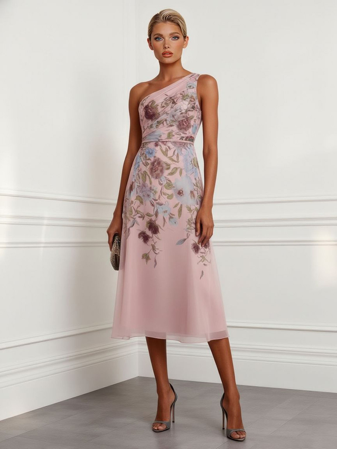 Elegant Floral Print One-Shoulder Tulle Midi Dress