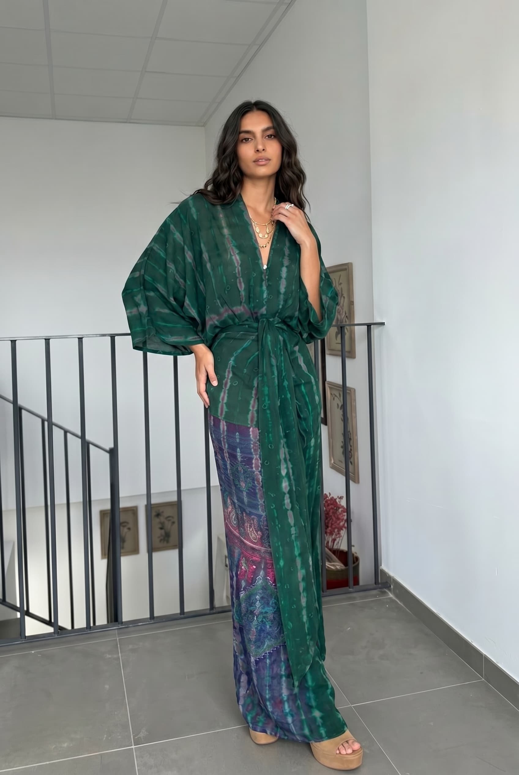 V-Neck Printed Patchwork Slit Streamer Design Maxi Dress