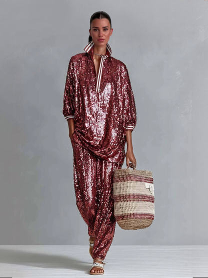 Charming Sequin Stripe Trim Oversized Top