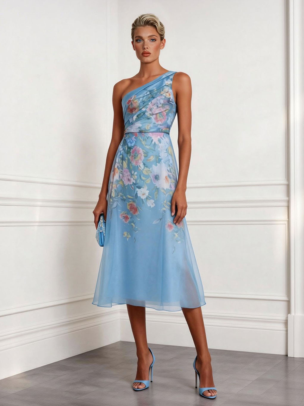 Elegant Floral Print One-Shoulder Tulle Midi Dress