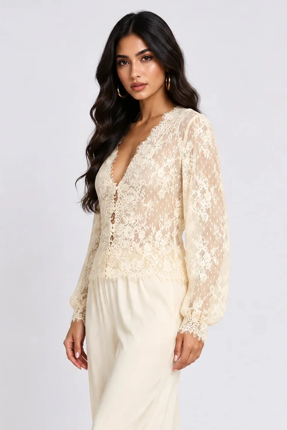 Sheer Floral Lace Deep V-Neck Long Sleeve Blouse Top [erp-image:7f6005ff88aaaf137a9ea08d]