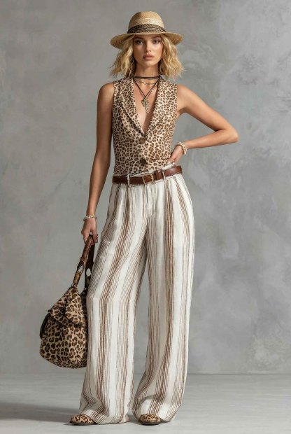 Leopard-Print Vest and Striped Wide-Leg Pants Set