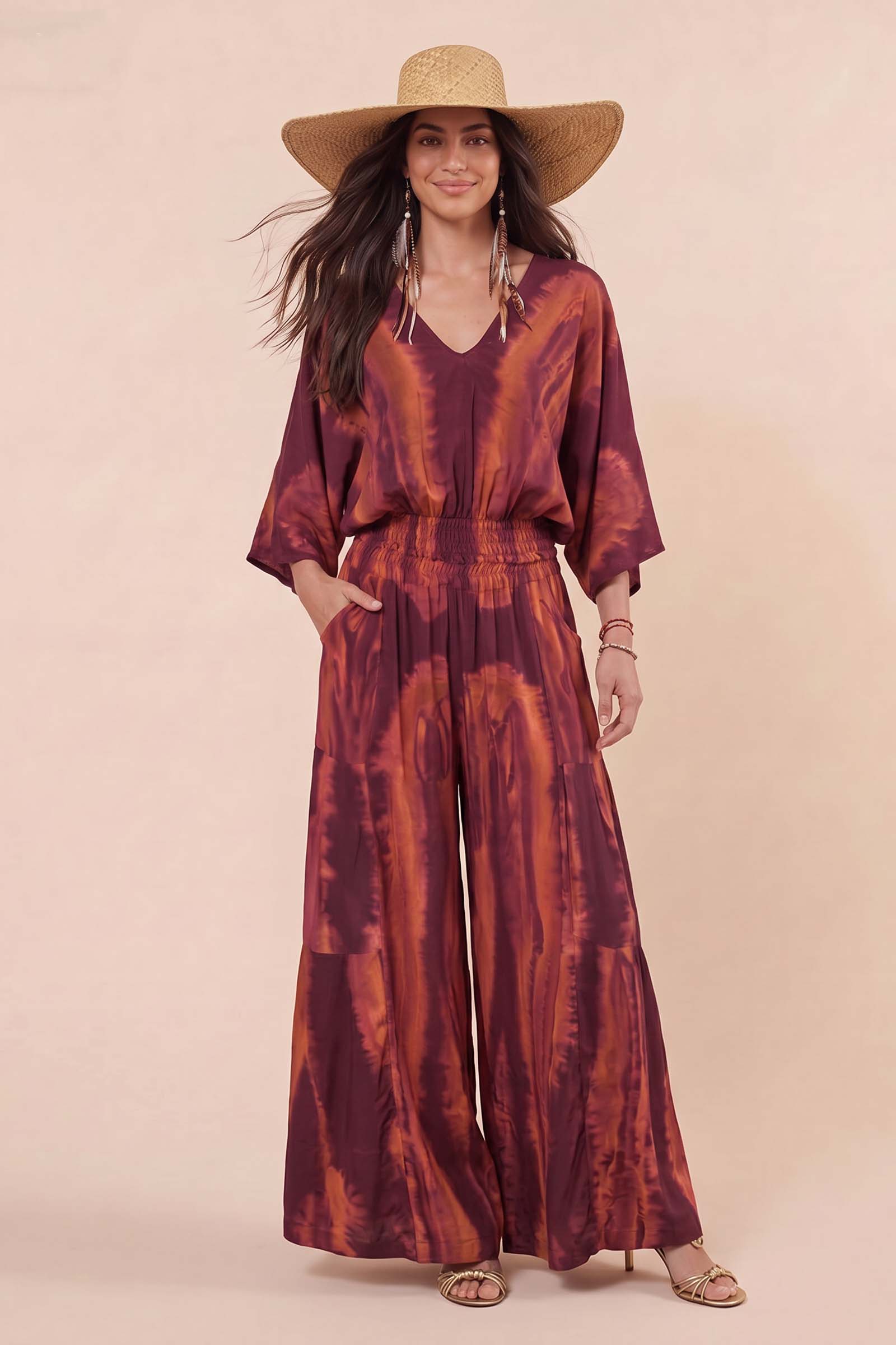 V-Neck Printed Top And Wide Leg Pants Set