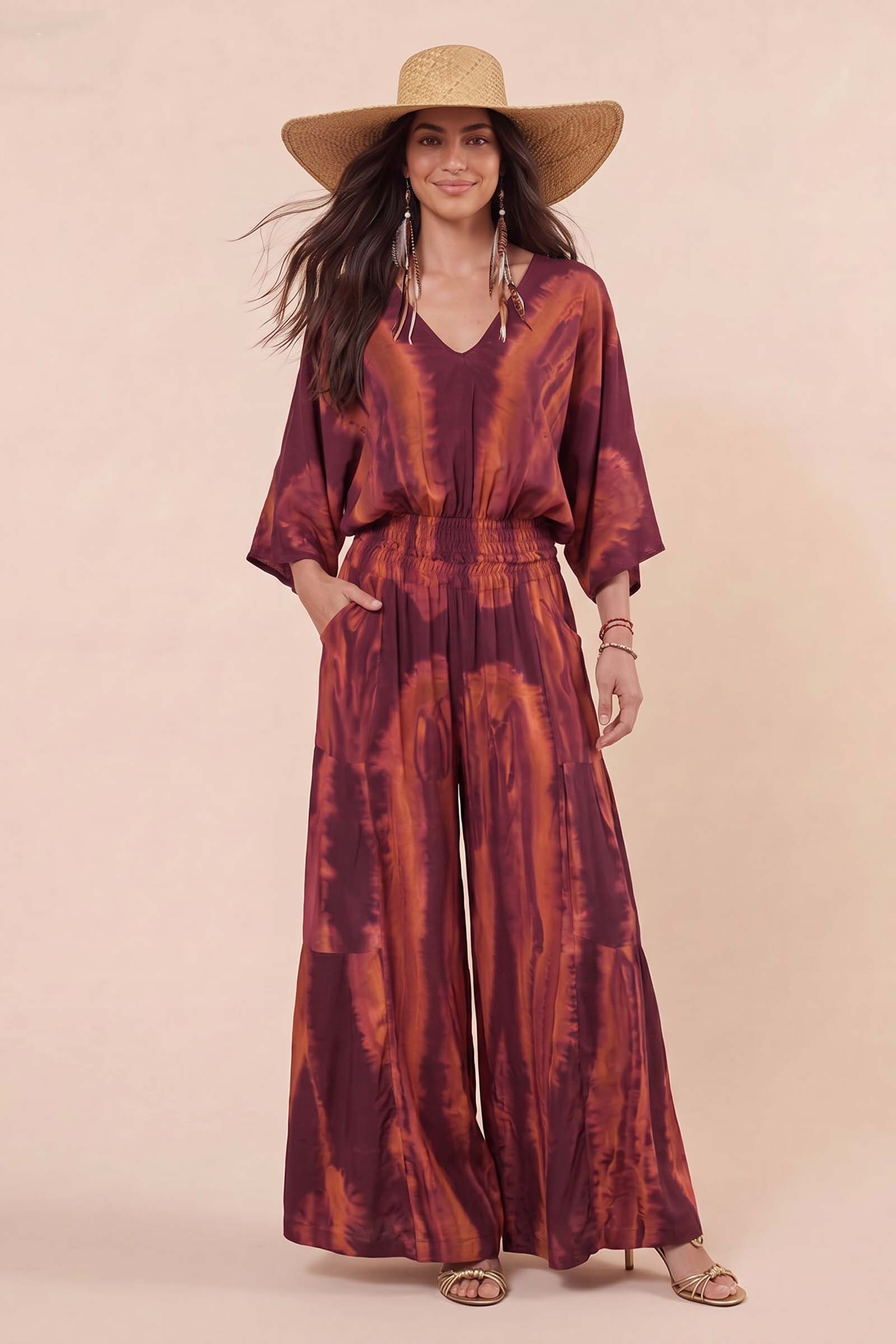 V-Neck Printed Top And Wide Leg Pants Set