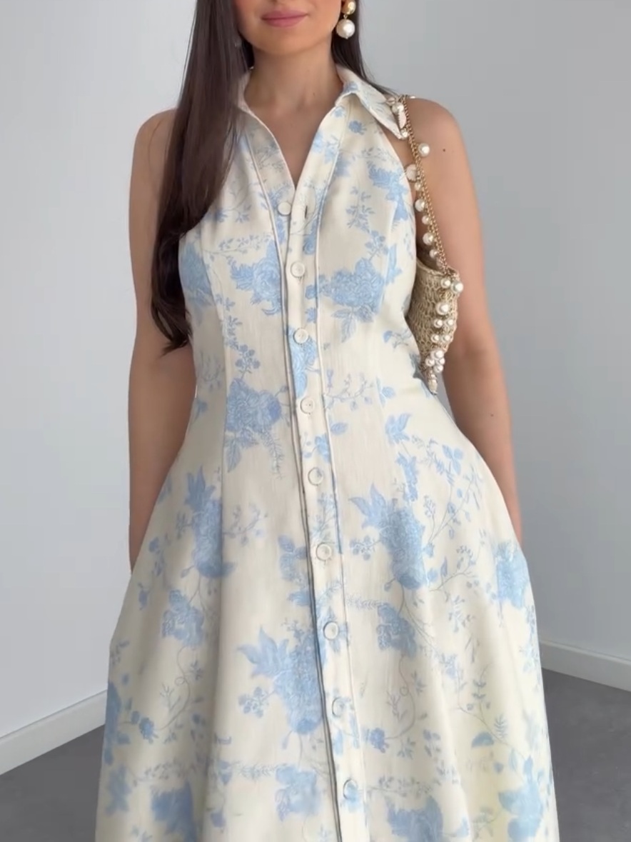 Casual Floral Print Sleeveless Shirt Midi Dress