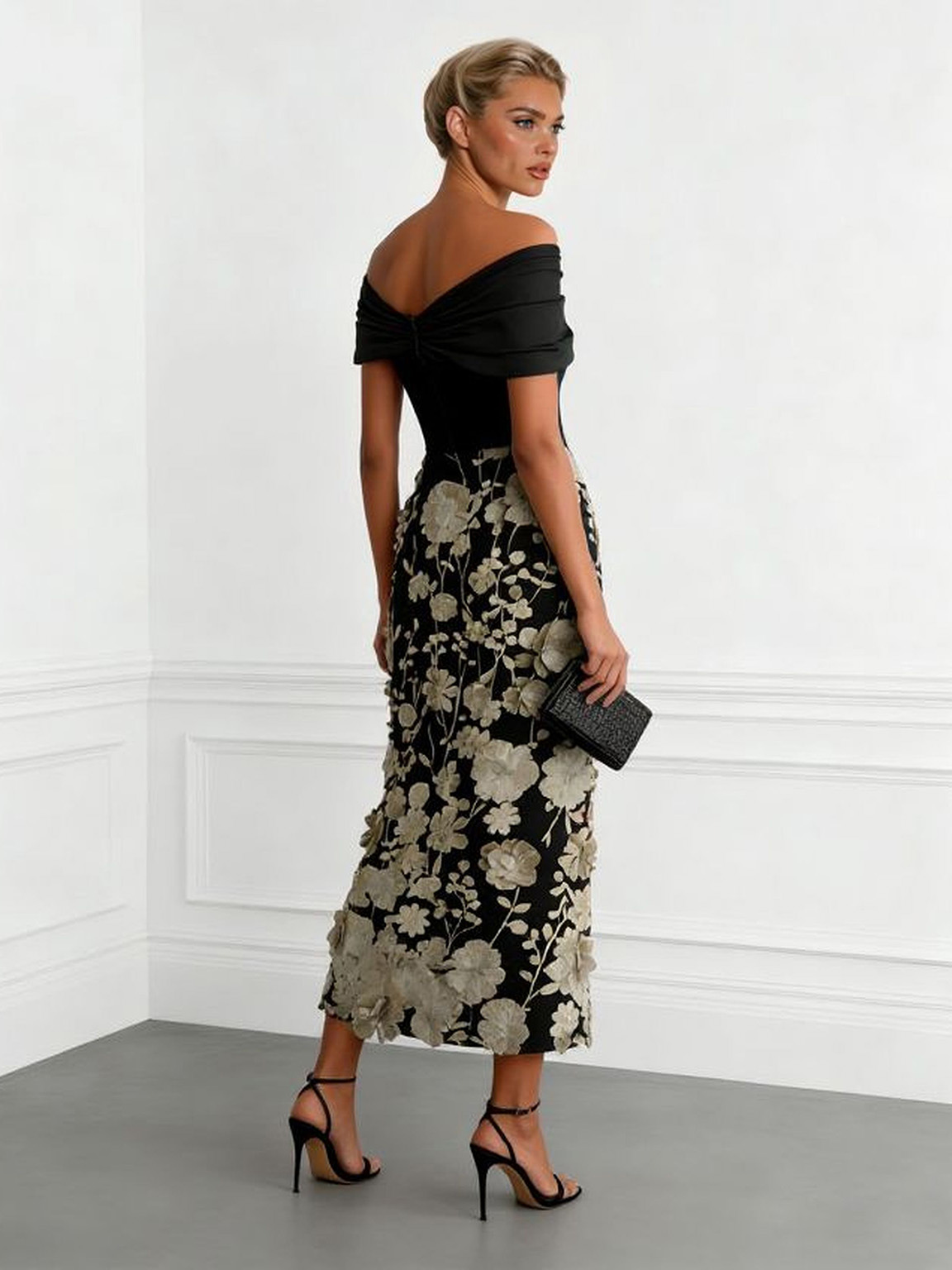 Vestido Maxi Off-Shoulder Elegante con Bordado Floral