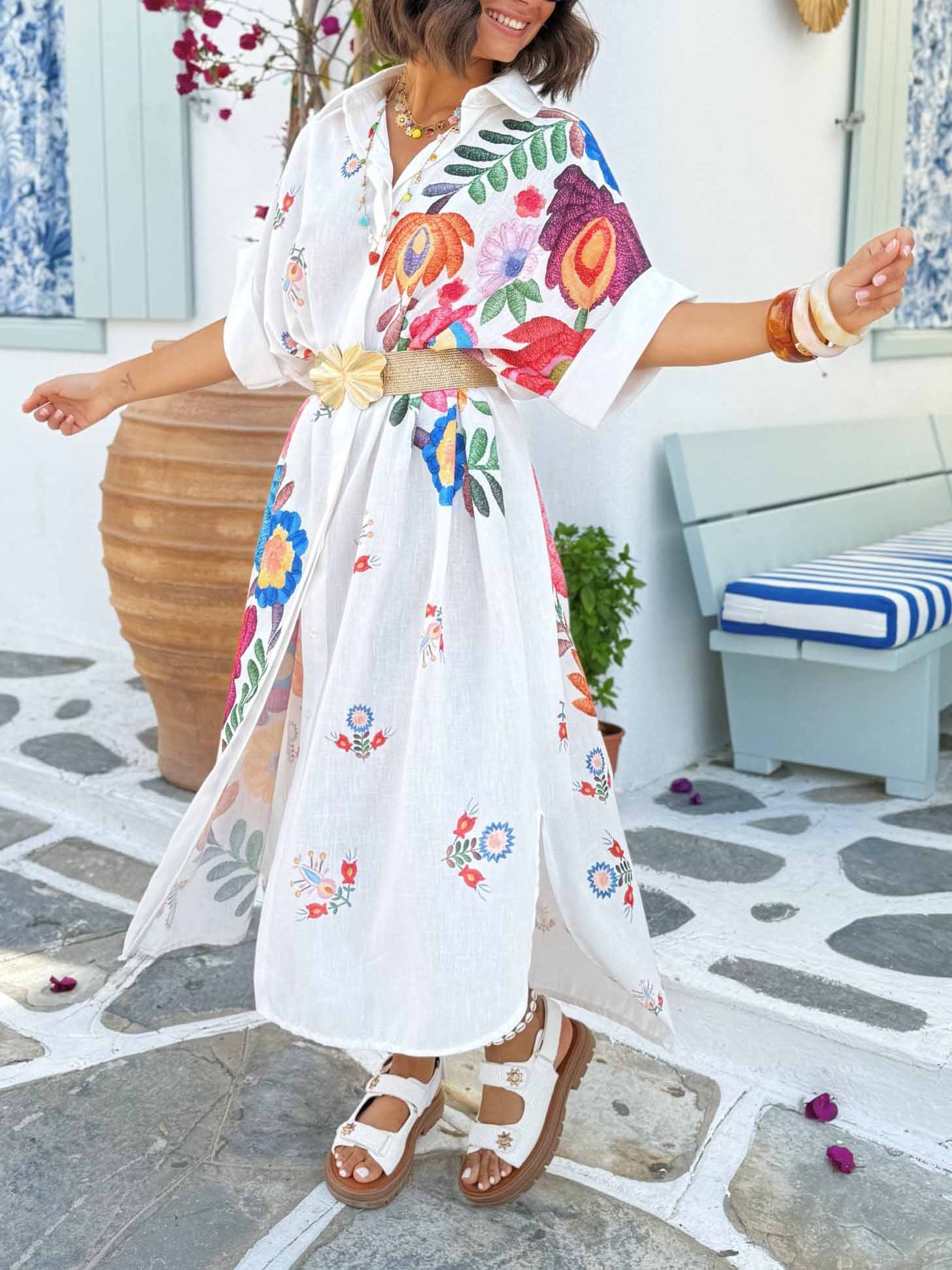 Casual Positioning Print Loose Resort Shirt Midi Dress