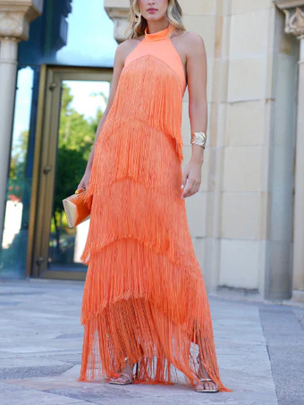 Elegant Halter Neck Tassel Party Maxi Dress