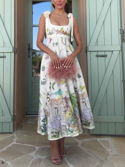 Exquisite Fantasy Floral Print Lace-up Maxi Dress