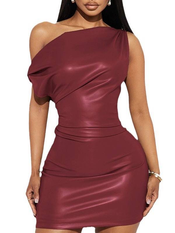 Imitation Leather Skew Shoulder Kink Fold Mini Dress