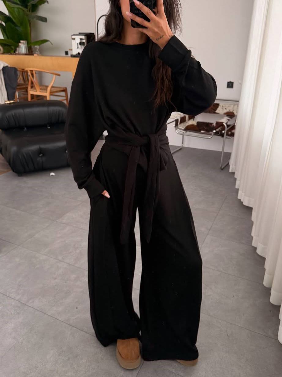 Lace-Up Design Pullover And Wide Leg Pants Suit